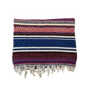 Earth Ragz Blue Red Striped Fringed Drug Rug blanket 67”x44” Made In Mexico